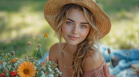 On a nice summer day in the park, a lovely young lady is enjoying a picnic on the verdant grass while gazing at the bouquet of flowers she is holding.の素材