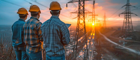Results of a day's work at a high-voltage line tower are discussed by electrical engineers.の素材