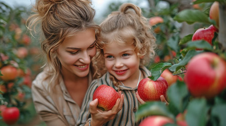 In their garden, mother and young daughter are collecting apples.の素材