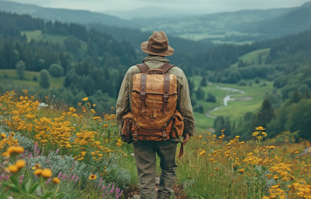 A hipster in a cap and a man carrying a briefcase are strolling down a path on a verdant hill.の素材
