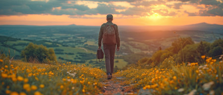 A hipster in a cap and a man carrying a briefcase are strolling down a path on a verdant hill.の素材
