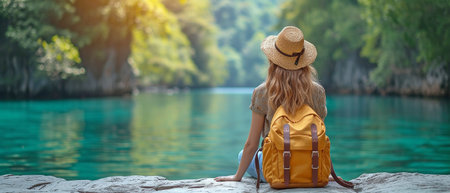 Asian lady traveller carrying a backpack Taking a coffee break outside while reading a book while sitting on the quaysideの素材