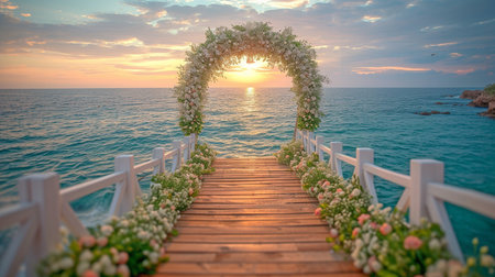 The pier is the celebration location. Wedding dÃ©cor in the dining room. The ceremony's white arch is embellished with greenery and flowers.の素材