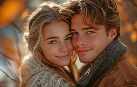 On a sunny day, a happy young couple is embracing against a background of trees and fences.の素材