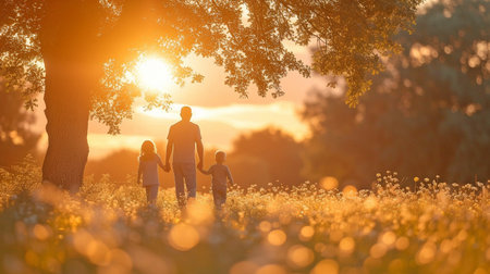 Under a tree in the pleasant, sunny weather, a mother, father, and two kids giggle joyfully.の素材