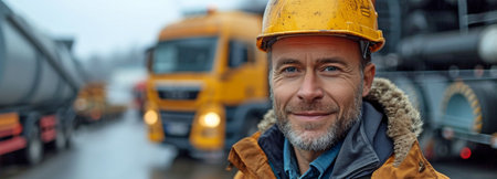 a hard-hat-wearing man standing in front of the vehicle,の素材