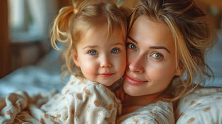 PJ-clad mother cuddling up in bed with her young daughter, enjoying weekend relaxation and bedtime playtime,の素材