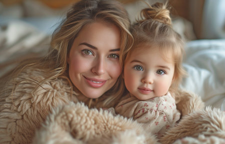 PJ-clad mother cuddling up in bed with her young daughter, enjoying weekend relaxation and bedtime playtime,の素材