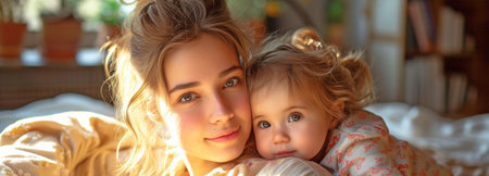 PJ-clad mother cuddling up in bed with her young daughter, enjoying weekend relaxation and bedtime playtime,の素材