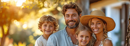 Under a tree in the pleasant, sunny weather, a mother, father, and two kids giggle joyfully.の素材