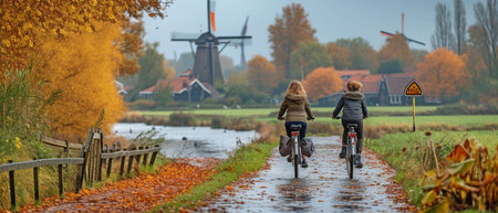 Two Dutch females ride their bicycles to work near windmills, green meadows, and roads.の素材