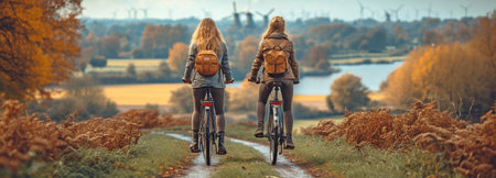 Two Dutch females ride their bicycles to work near windmills, green meadows, and roads.の素材