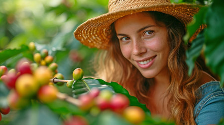 Colombian teenage woman gathering coffee beansの素材