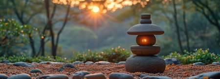 A peaceful Zen garden at first light. A classic stone lantern occupies the centre spot, with carefully raked sand surrounding it.の素材