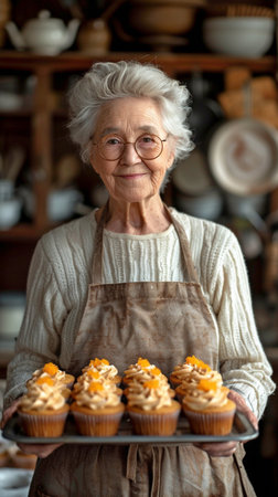 An elderly Caucasian grandma is shown in a home kitchen carrying a tray of muffins or cupcakes.の素材