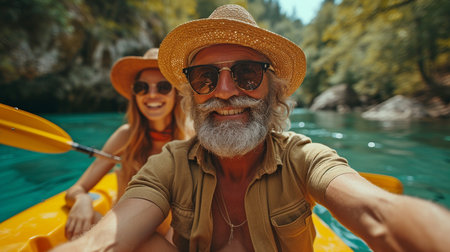 An elderly, white couple enjoying themselves while canoeing or kayaking and snapping a photo while river raftingの素材