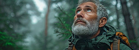 Gazing above, a senior traveller wearing a green jacket and a grey beard studies a dense, misty forest as sunlight streams through the trees.の素材