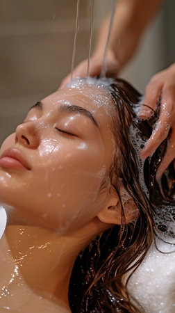 Asian woman reclining on bed at hair salon having stylist wash her hairの素材