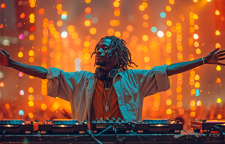 African American DJ facing back and applauding the crowd during an outdoor club eventの素材