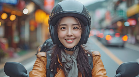 Asian woman riding a motorbike and grinning while carrying a rucksack during the dayの素材