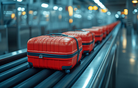 Arrived luggage moving along a conveyor belt in a contemporary international airport, ready to be claimed at the baggage claim areaの素材