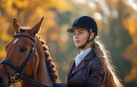 Female equestrian riding her gorgeous horse outsideの素材