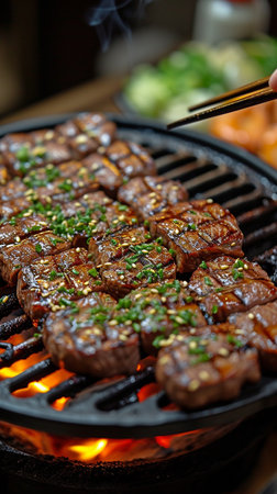 BBQ party in the Japanese style. Picking up Wagyu meat and prawns off a hot charcoal grill in a mall restaurant by hand with chopsticksの素材