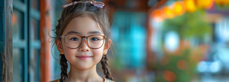 A happy little Asian kid with elaborate glasses. idea of a contented child and feelingsの素材