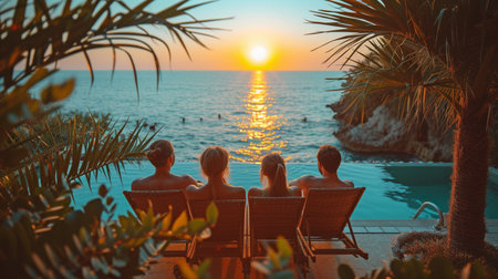 A group of pals unwind by the pool on a deck chair.の素材