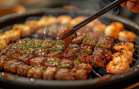 BBQ party in the Japanese style. Picking up Wagyu meat and prawns off a hot charcoal grill in a mall restaurant by hand with chopsticksの素材