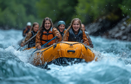 females having fun with the water sport of river rafting. grins, leisure, and happiness ideaの素材