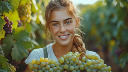A woman harvesting grapes during the wine harvestの素材