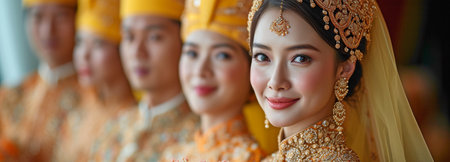 gazing at his bride while clutching a bunch of bridal flowers. notion of a marriage and partnership in Malayの素材