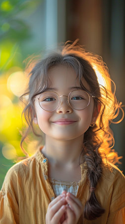 A happy little Asian kid with elaborate glasses. idea of a contented child and feelingsの素材