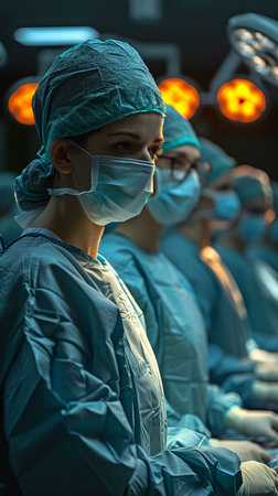 a group of experts performing surgery in a contemporary hospital,の素材