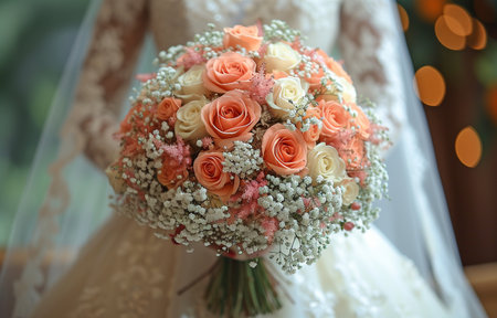 gazing at his bride while clutching a bunch of bridal flowers. notion of a marriage and partnership in Malayの素材