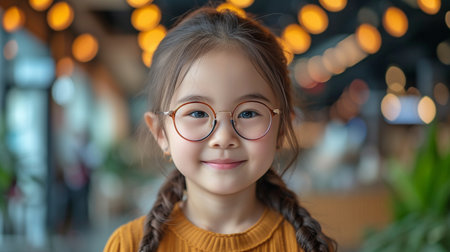 A happy little Asian kid with elaborate glasses. idea of a contented child and feelingsの素材