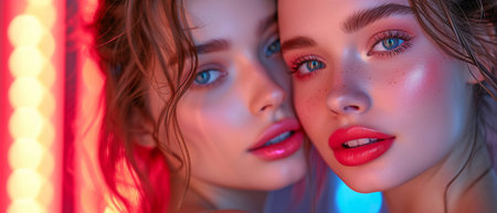 Two amiable women in casual black t-shirts apply lipstick to their lips and do makeup at home before heading out to a nightclub.の素材