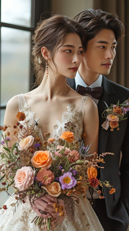 gazing at his bride while clutching a bunch of bridal flowers. notion of a marriage and partnership in Malayの素材