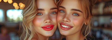 Two amiable women in casual black t-shirts apply lipstick to their lips and do makeup at home before heading out to a nightclub.の素材