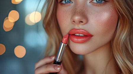 Two amiable women in casual black t-shirts apply lipstick to their lips and do makeup at home before heading out to a nightclub.の素材