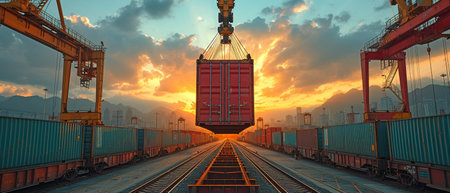 A crane raises a container to load a railway.の素材