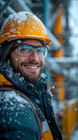 A cheerful young engineer donning a hardhat in a winter oil production fieldの素材