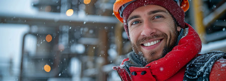 A cheerful young engineer donning a hardhat in a winter oil production fieldの素材