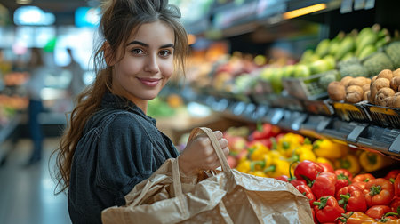 Cashier at a grocery shop packing items in a reusable bagの素材