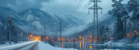 high-voltage towers and a snow-covered mountainous winter sceneの素材