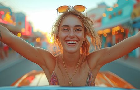 A joyful, passionate, and emotional young lady leans out of the car's sunroof and extends her arms as she walks down the city street.の素材