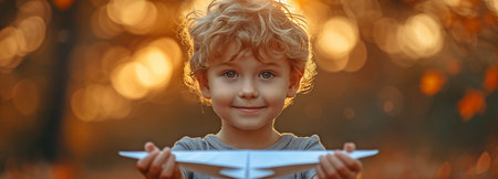 A happy little child flying a paper aeroplaneの素材