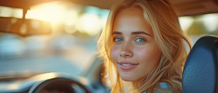 A young, attractive woman driving in bright sunshine and gazing backの素材