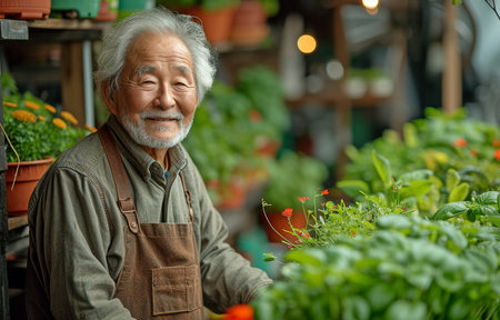 With a smile and joy, the Asian retired grandfather enjoys caring for the indoor garden at the home.の素材